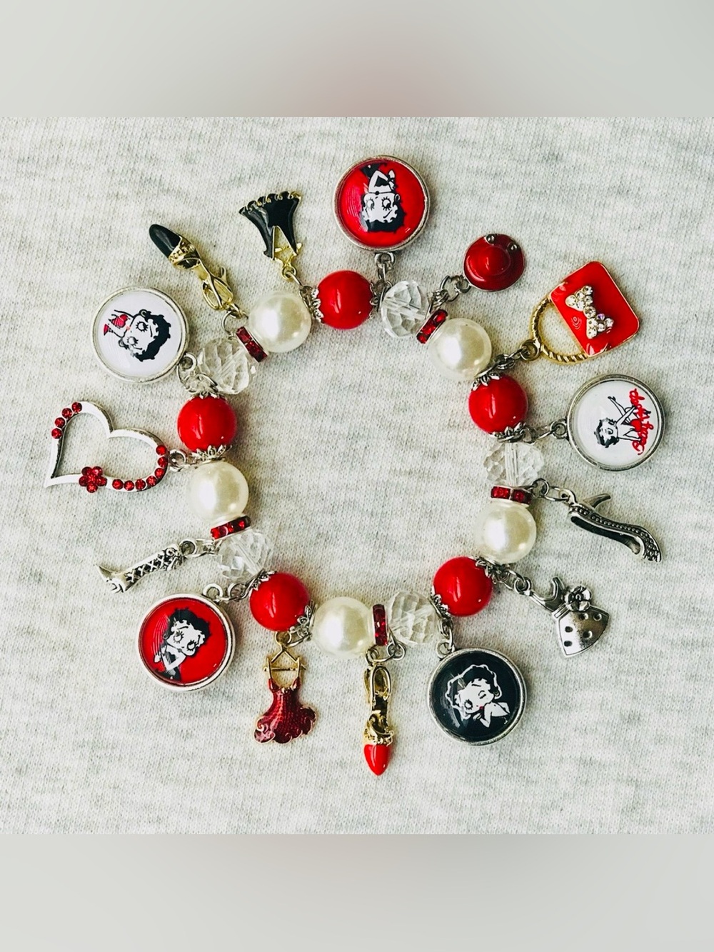 #3413**Red and White Charm Bracelet with Pearl Beads